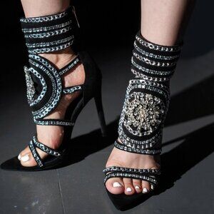 Rhinestone Crystal Chain Embellished Gladiator Sandal Open Toe Stiletto Heel